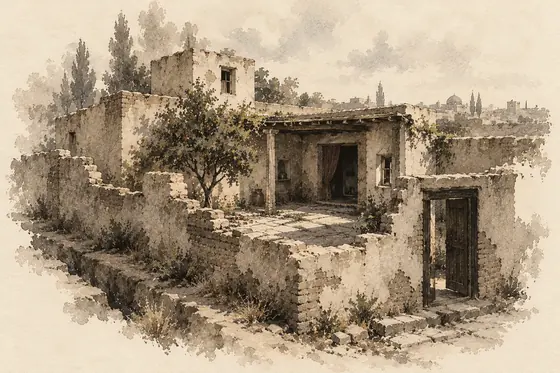 The narrator’s house, from The Blind Owl: ink-and-wash drawing