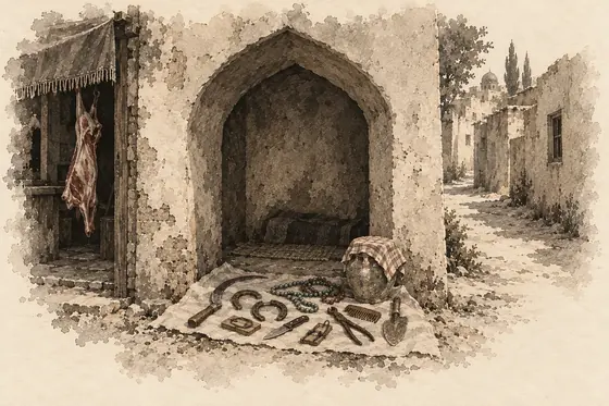 The arch where the junk dealer sits, from The Blind Owl: ink-and-wash drawing