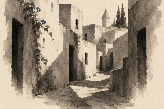The city lanes, from The Blind Owl: ink-and-wash drawing