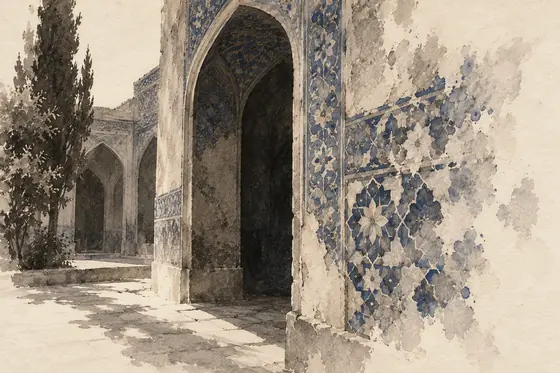 The mosque, from The Blind Owl: ink-and-wash drawing