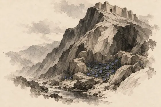 The bare mountain by the Soren, from The Blind Owl: ink-and-wash drawing