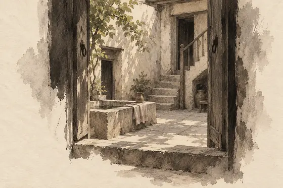 The nurse's house, from The Blind Owl: ink-and-wash drawing