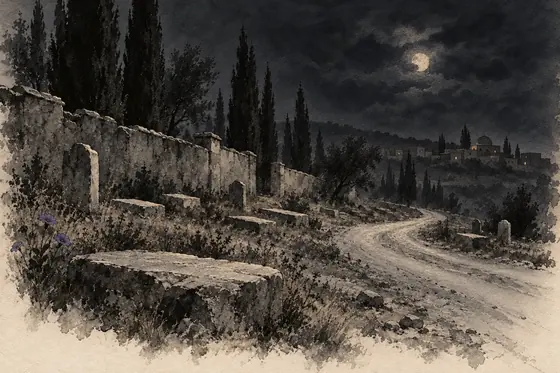 The cemetery by the road, from The Blind Owl: ink-and-wash drawing