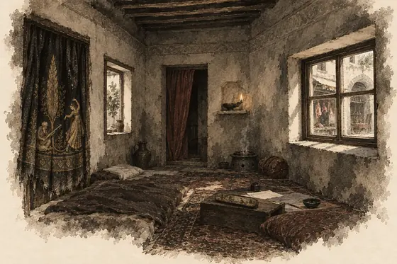 The narrator’s room, from The Blind Owl: ink-and-wash drawing