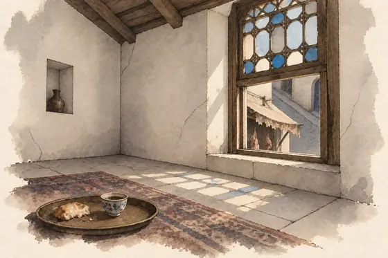 The upstairs room (balakhaneh), from The Blind Owl: ink-and-wash drawing