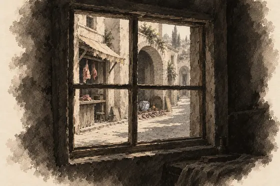 The window of his room, from The Blind Owl: ink-and-wash drawing