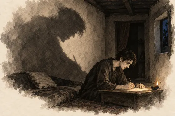 Scene 1 of The Blind Owl, The shadow bent on the wall: ink-and-wash drawing