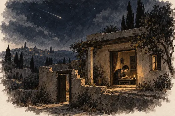 Scene 2 of The Blind Owl, A passing gleam; life within four walls: ink-and-wash drawing