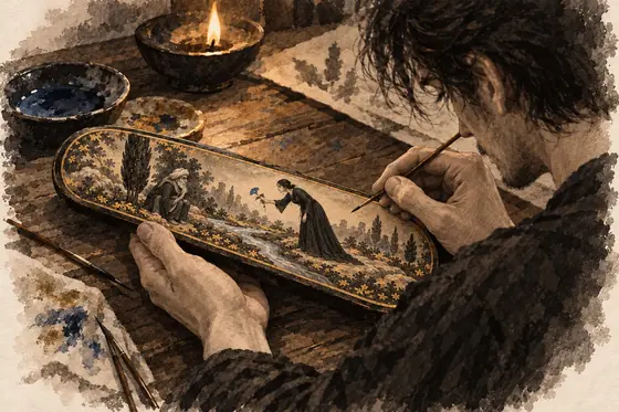 Scene 3 of The Blind Owl, The house among ruins and the pen-case motif: ink-and-wash drawing