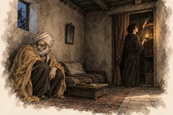 Scene 4 of The Blind Owl, The uncle arrives on the thirteenth of Nowruz: ink-and-wash drawing