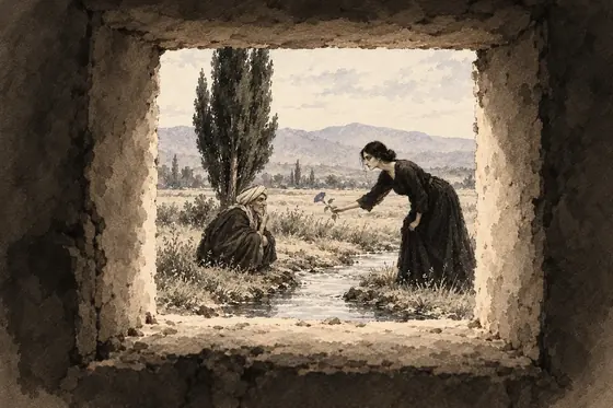 Scene 5 of The Blind Owl, The vision through the vent: ink-and-wash drawing