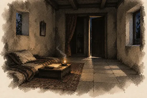 Scene 6 of The Blind Owl, A door ajar like a dead man's mouth: ink-and-wash drawing