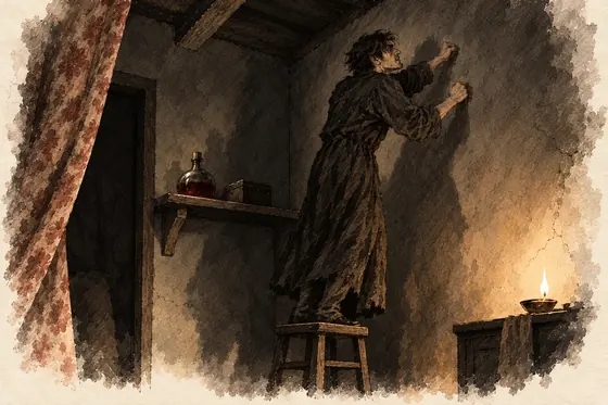 Scene 7 of The Blind Owl, The vent sealed in lead: ink-and-wash drawing