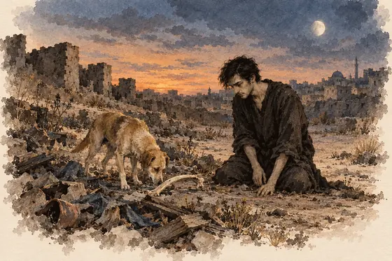 Scene 8 of The Blind Owl, Two months of searching at sunset: ink-and-wash drawing