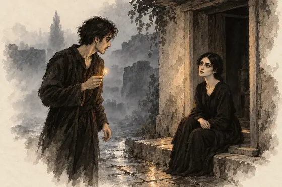 Scene 9 of The Blind Owl, The black-clad figure on the doorstep: ink-and-wash drawing