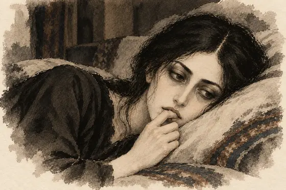 Scene 10 of The Blind Owl, Eyes like black diamond in tears: ink-and-wash drawing