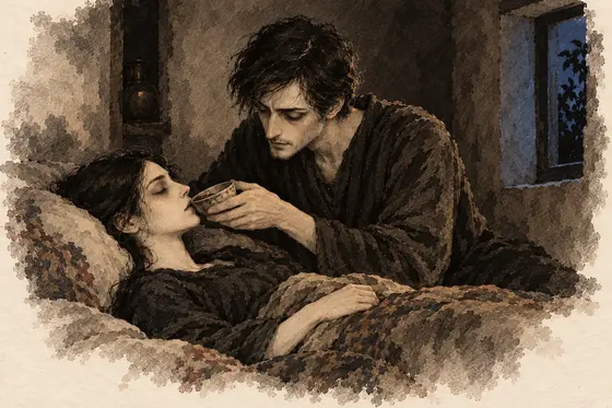 Scene 11 of The Blind Owl, Wine through clenched teeth: ink-and-wash drawing