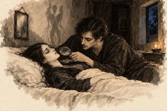 Scene 12 of The Blind Owl, Cold hair: the dead girl and the mandrake embrace: ink-and-wash drawing