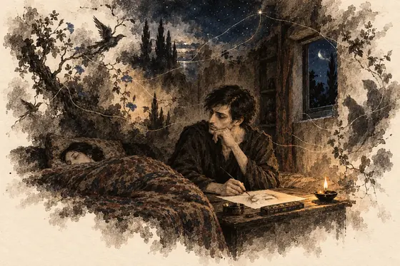 Scene 13 of The Blind Owl, Communion with all beings: ink-and-wash drawing