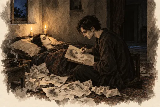 Scene 14 of The Blind Owl, Drawing the corpse by candlelight: ink-and-wash drawing