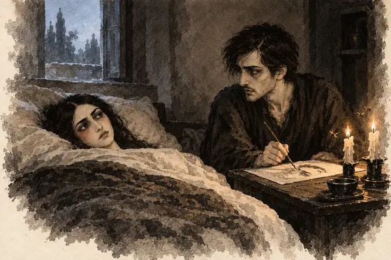 Scene 15 of The Blind Owl, The eyes open at dawn: ink-and-wash drawing