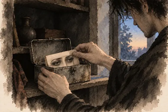 Scene 16 of The Blind Owl, The drawing in the tin box; night leaves on tiptoe: ink-and-wash drawing