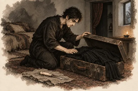 Scene 17 of The Blind Owl, The bone-handled knife and the suitcase: ink-and-wash drawing