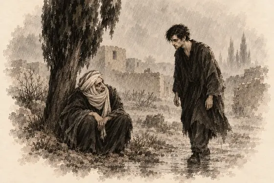 Scene 18 of The Blind Owl, The old man under the cypress offers his hearse: ink-and-wash drawing