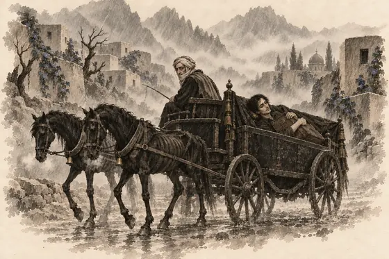 Scene 19 of The Blind Owl, The hearse through the geometric country: ink-and-wash drawing