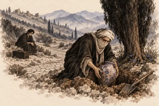 Scene 20 of The Blind Owl, The grave by the dry river; the Ragha jar: ink-and-wash drawing