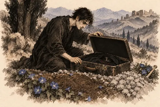 Scene 21 of The Blind Owl, One last look into the suitcase: ink-and-wash drawing