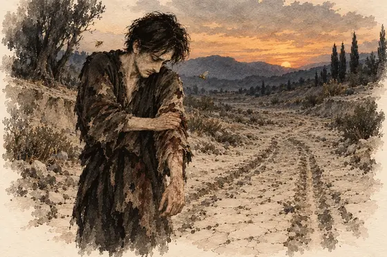 Scene 22 of The Blind Owl, The spreading bloodstain: ink-and-wash drawing