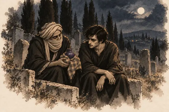 Scene 23 of The Blind Owl, Gift of the jar in the cemetery: ink-and-wash drawing