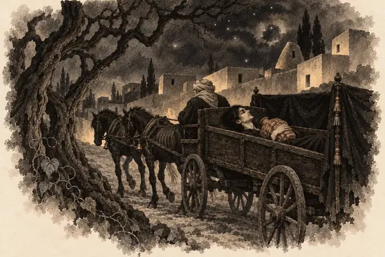 Scene 24 of The Blind Owl, Night ride home with the jar on his chest: ink-and-wash drawing