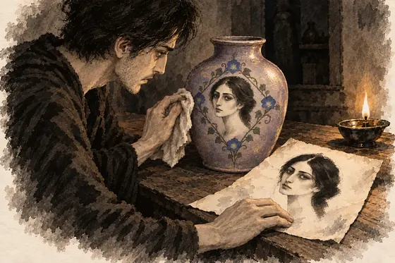 Scene 25 of The Blind Owl, Her face on the jar: ink-and-wash drawing
