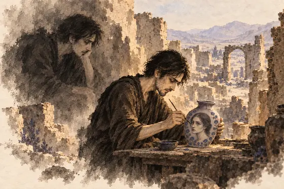 Scene 26 of The Blind Owl, The ancient fellow-sufferer: ink-and-wash drawing