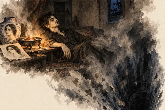 Scene 27 of The Blind Owl, Opium before the two portraits; the fall down the well: ink-and-wash drawing