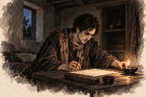 Scene 28 of The Blind Owl, Waking in the ancient room with bloody hands: ink-and-wash drawing