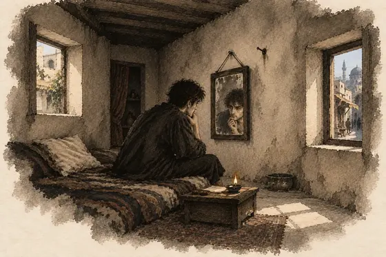 Scene 30 of The Blind Owl, A room like a tomb; two windows on Ray: ink-and-wash drawing