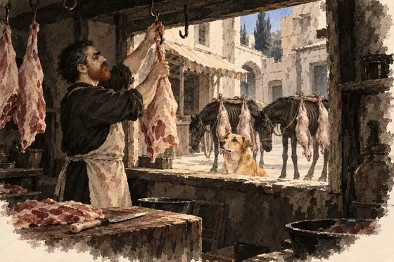 Scene 31 of The Blind Owl, The butcher and the black packhorses: ink-and-wash drawing