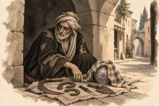 Scene 32 of The Blind Owl, The old junk dealer under the arch: ink-and-wash drawing