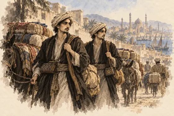 Scene 33 of The Blind Owl, Naneh-Joon, the aunt, and the twin brothers: ink-and-wash drawing