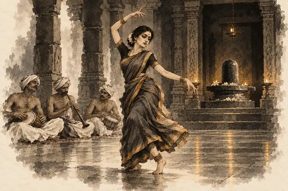 Scene 34 of The Blind Owl, The Bogam-dasi of the Lingam temple: ink-and-wash drawing