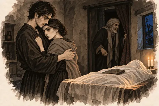 Scene 37 of The Blind Owl, At the bier of the aunt: ink-and-wash drawing