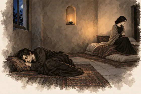 Scene 38 of The Blind Owl, The wedding night and the floor: ink-and-wash drawing