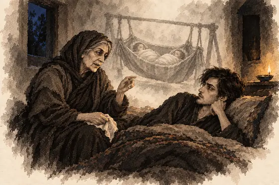 Scene 41 of The Blind Owl, Nurse's tales and the cradle for two: ink-and-wash drawing