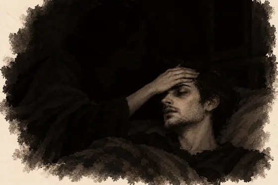 Scene 42 of The Blind Owl, A cool hand in the dark: ink-and-wash drawing