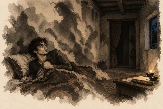 Scene 43 of The Blind Owl, The tomb-room and the harlot's name: ink-and-wash drawing