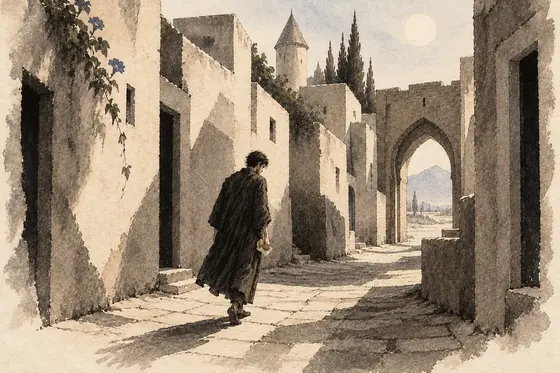 Scene 44 of The Blind Owl, Flight through the geometric lanes: ink-and-wash drawing