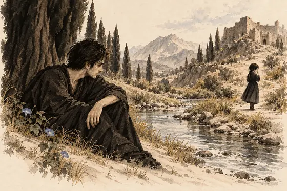 Scene 45 of The Blind Owl, By the Soren stream: ink-and-wash drawing
